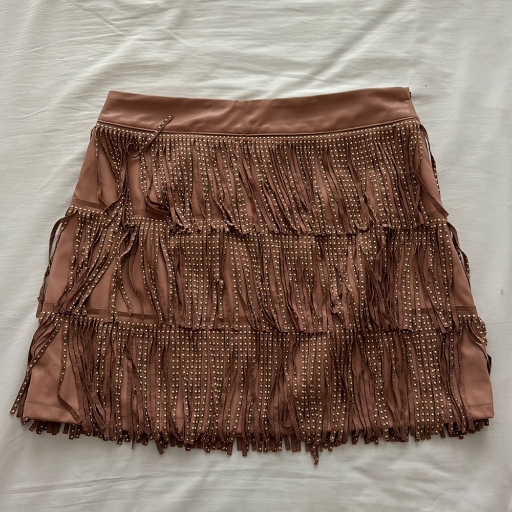 Faux Leather Fringe Studded Mini Skirt